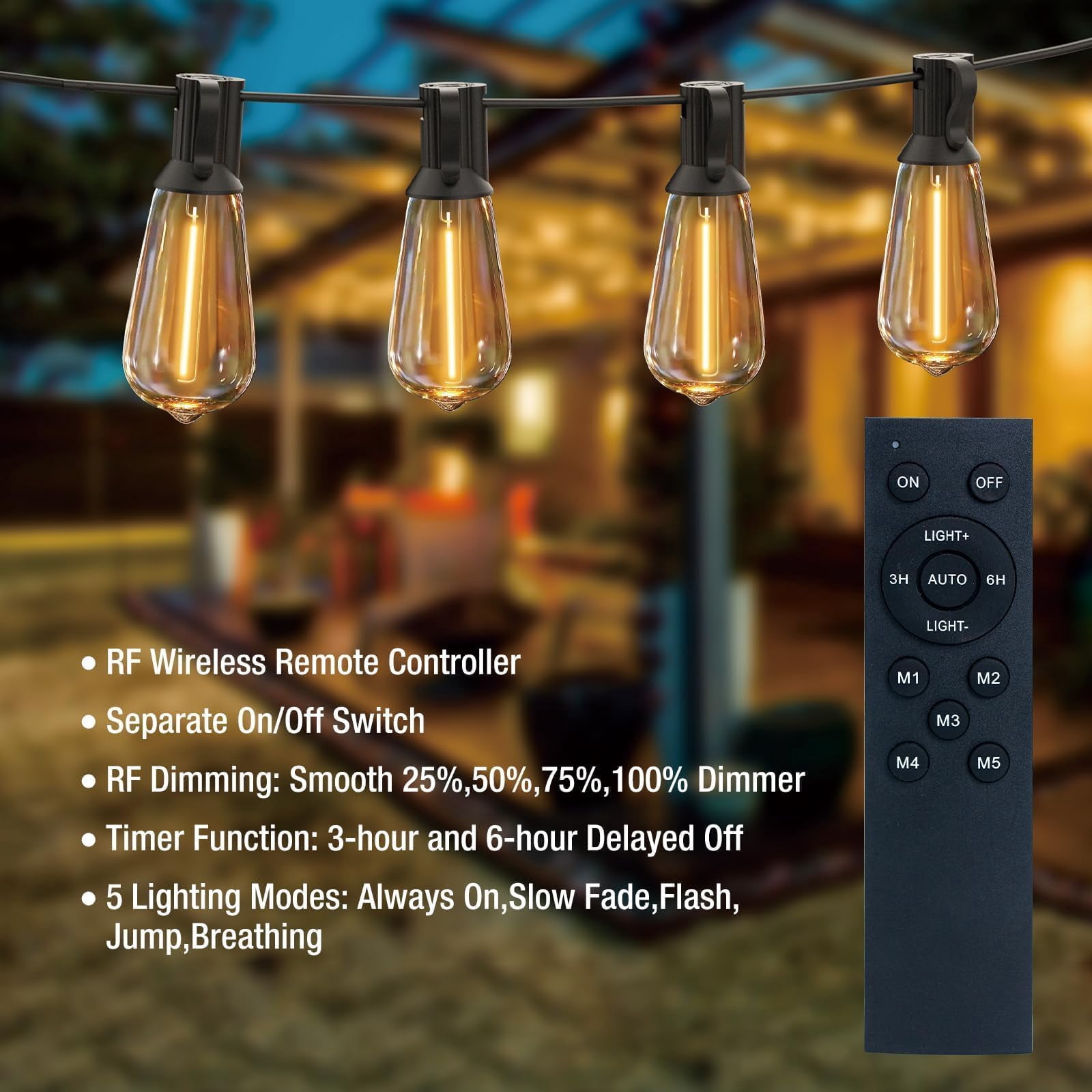 2 Pack 7ft Outdoor String Lights with Remote, Waterproof Patio Lights with ST38 Edison Bulbs Dimmable Timer for Backyard Porch Garden Bistro, Yellow