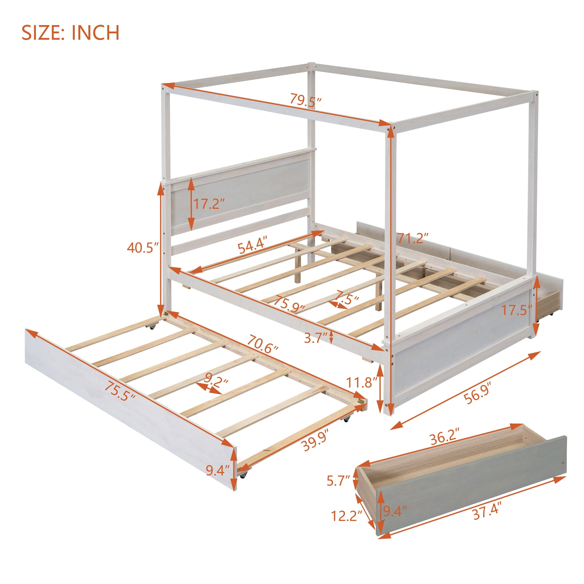 Aukfa Full Size Canopy Bed Frame with Trundle and 2 Storage Drawers, Wood Platform Bed with Headboard - White