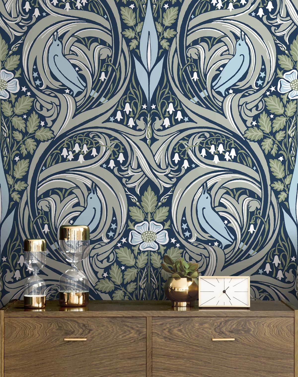 NextWall  Bird Ogee Peel and Stick Wallpaper 20.5 in. W x 18 ft. L - Navy & Fern Green