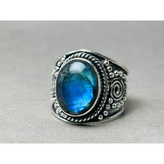 Heaven Crafts Labradorite Ring Sterling Silver 925 Handmade Cabochan Ring Gift Jewelry
