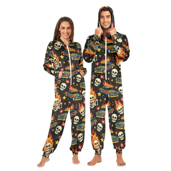 joogoo Racing Car Skull Fire Unisex Adults Onesies Pajamas Jumpsuits L