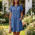 thumbnail image 4 of Tqcoqu Cotton Linen Dresses for Women,2026 Summer Plus Size Short Sleeve V Neck Button Down Shirts Dress,Casual Beach Vacation Midi Dresses,Blue Women's S-XXXL, 4 of 6