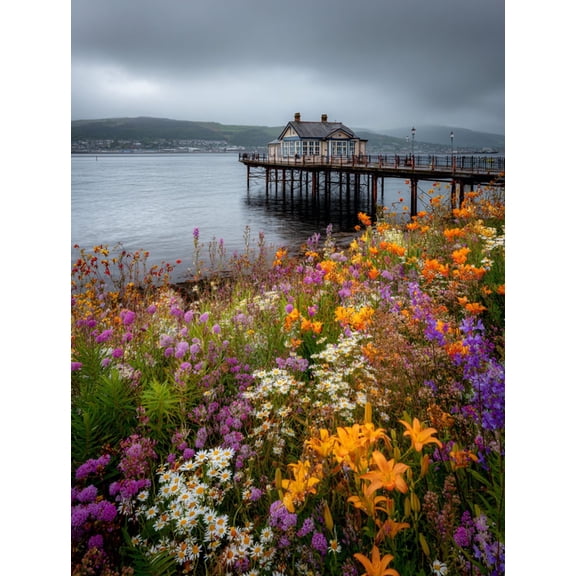Colorful Wildflowers and Pier Panorama Canvas Print, Wall Decor for Living Room Bedroom Office Hallway Kitchen Hotel