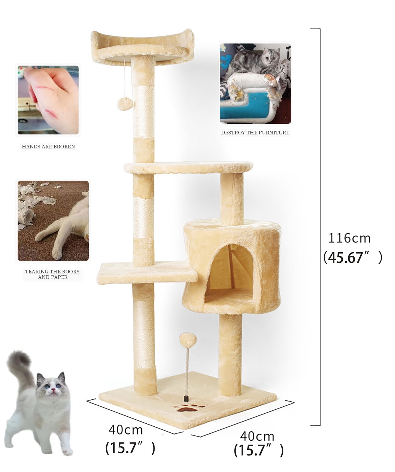Asunby Beige 46" Cat Tower - Multi-Level Cat Activity Center with Sisal Scratching Posts, Spacious Perches & Interactive Hanging Toys
