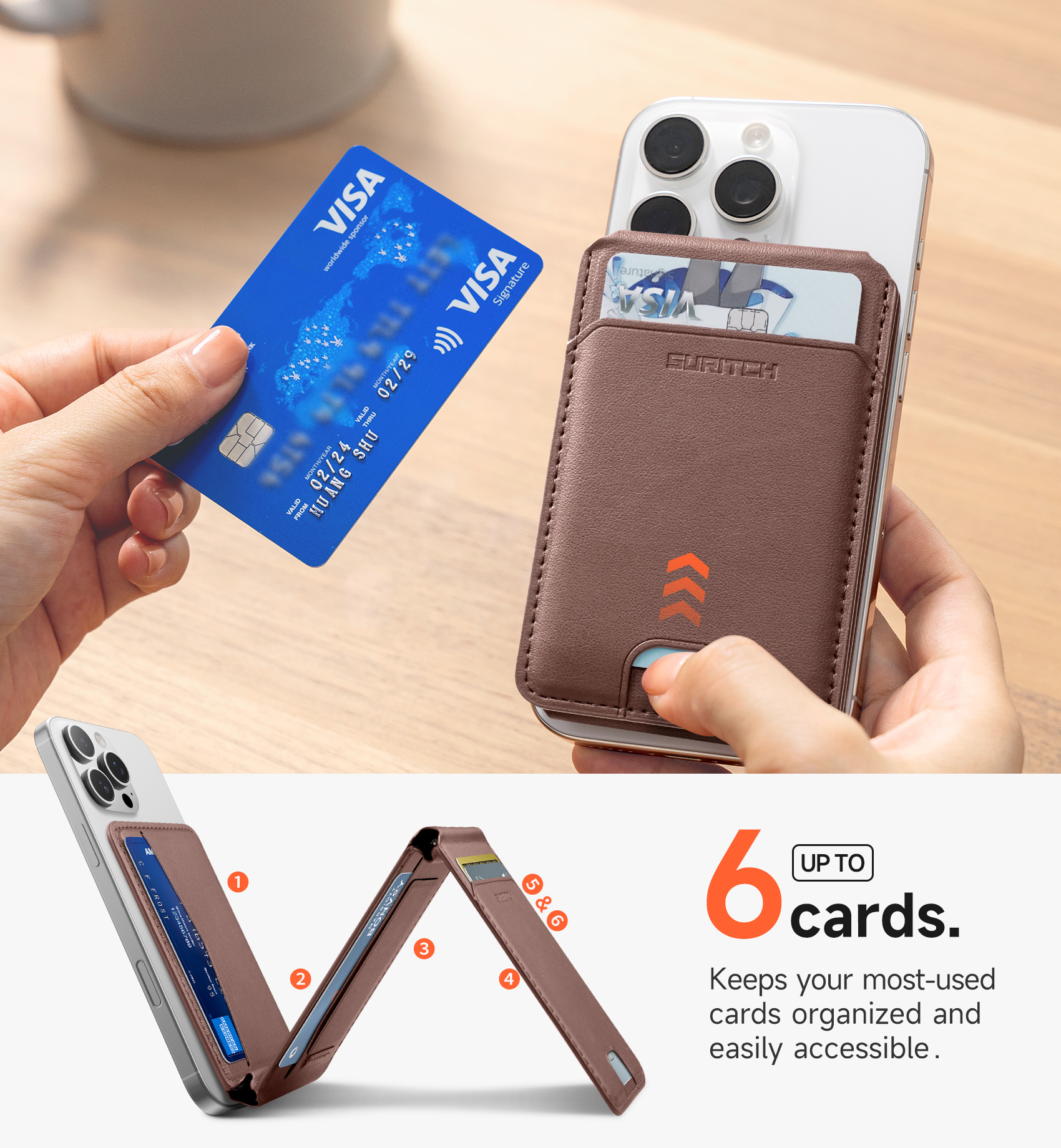 SURITCH for MagSafe Wallet with Find My, Magnetic Wallet with Adjustable Phone Stand for iPhone 16/15/14/13/12 Series, Leather, Brown