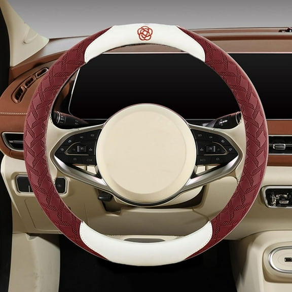 Elastic Microfiber Steering Wheel Covers for Women Universal Fit 15 Inch Car Cute Camellia Flower Anti-Slip Breathable Absorbing Sweat Cover (Red)