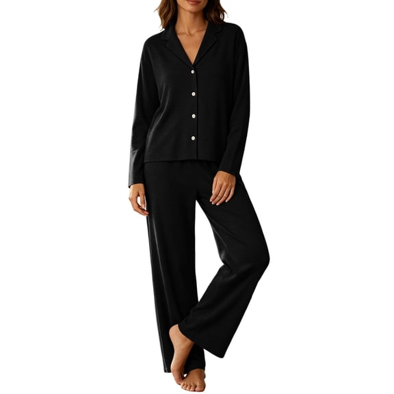 qafoshin Long Sleeve Pajama Sets for Women Lapel Button Down Tops and Long Pant Two Piece Matching Set Soft Sleepwear