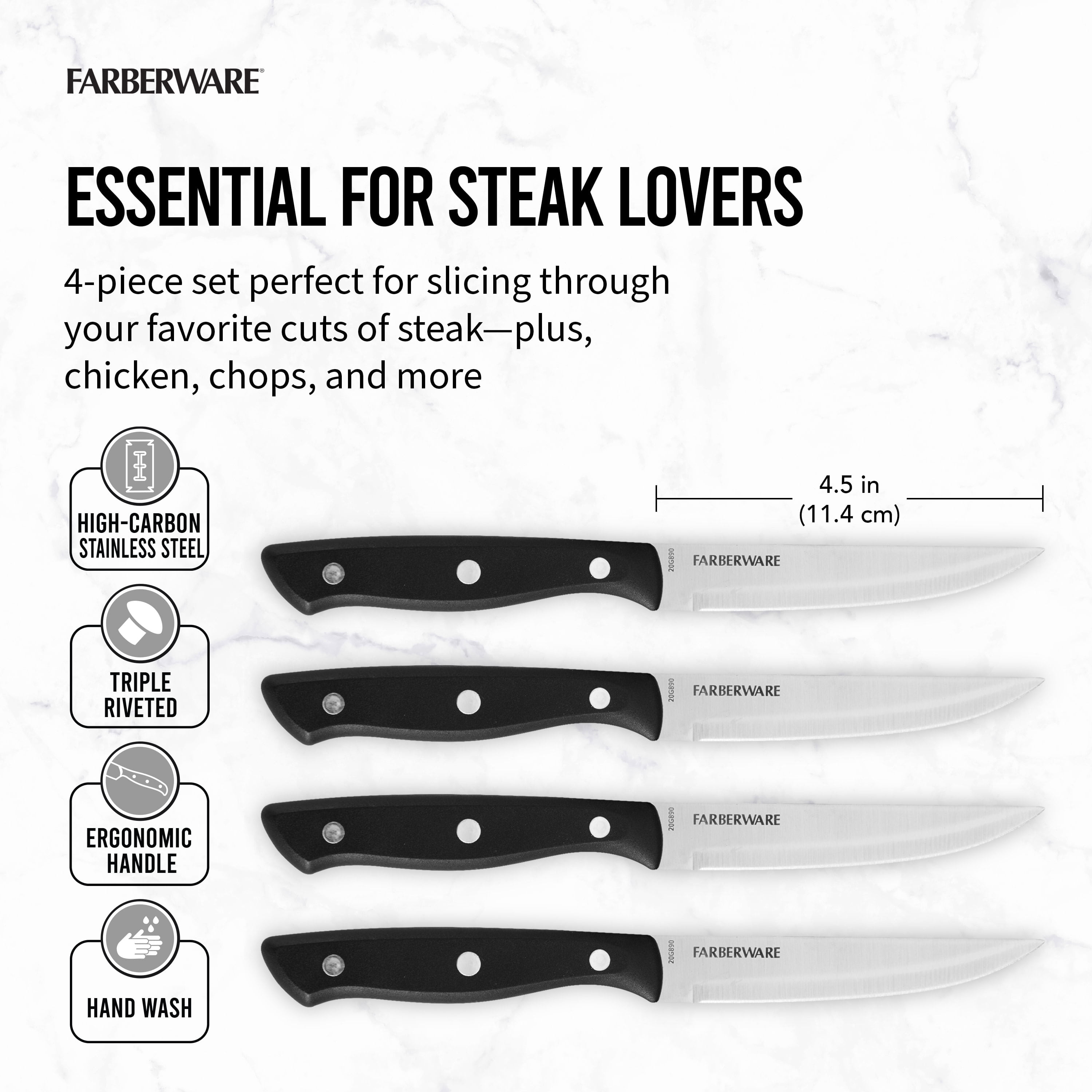 (3 pack) Farberware Classic 4-Piece Stainless Steel Steak Knife Set, Black Handles