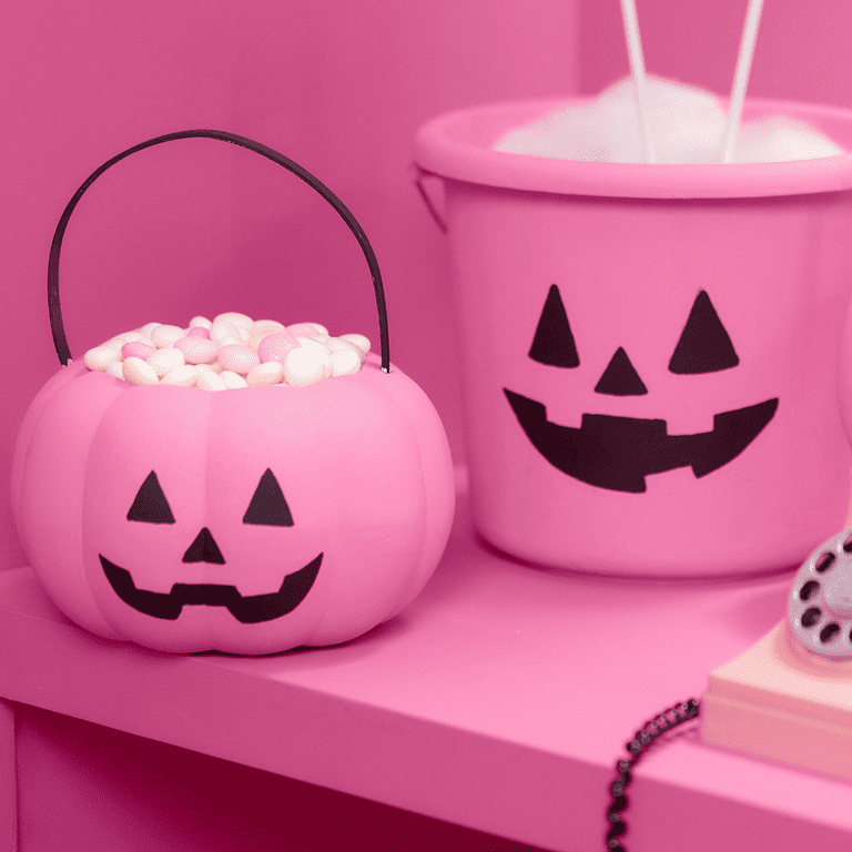 Halloween Pink Pumpkin Jack O' Lantern Candy Bucket Portable Pumpkin Pail  Trick or Treat Buckets Candy Holder for Kids Treat Bags Halloween Candy