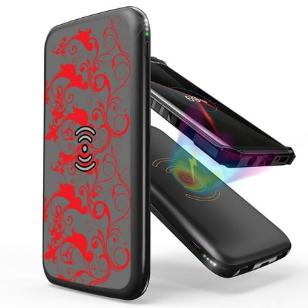 

INFUZE Qi Wireless Portable Charger for Orbic Myra 5G External Battery (10000 mAh 18W Power Delivery USB-C/USB-A Ports) with Touchless Tool - Red Vines Floral