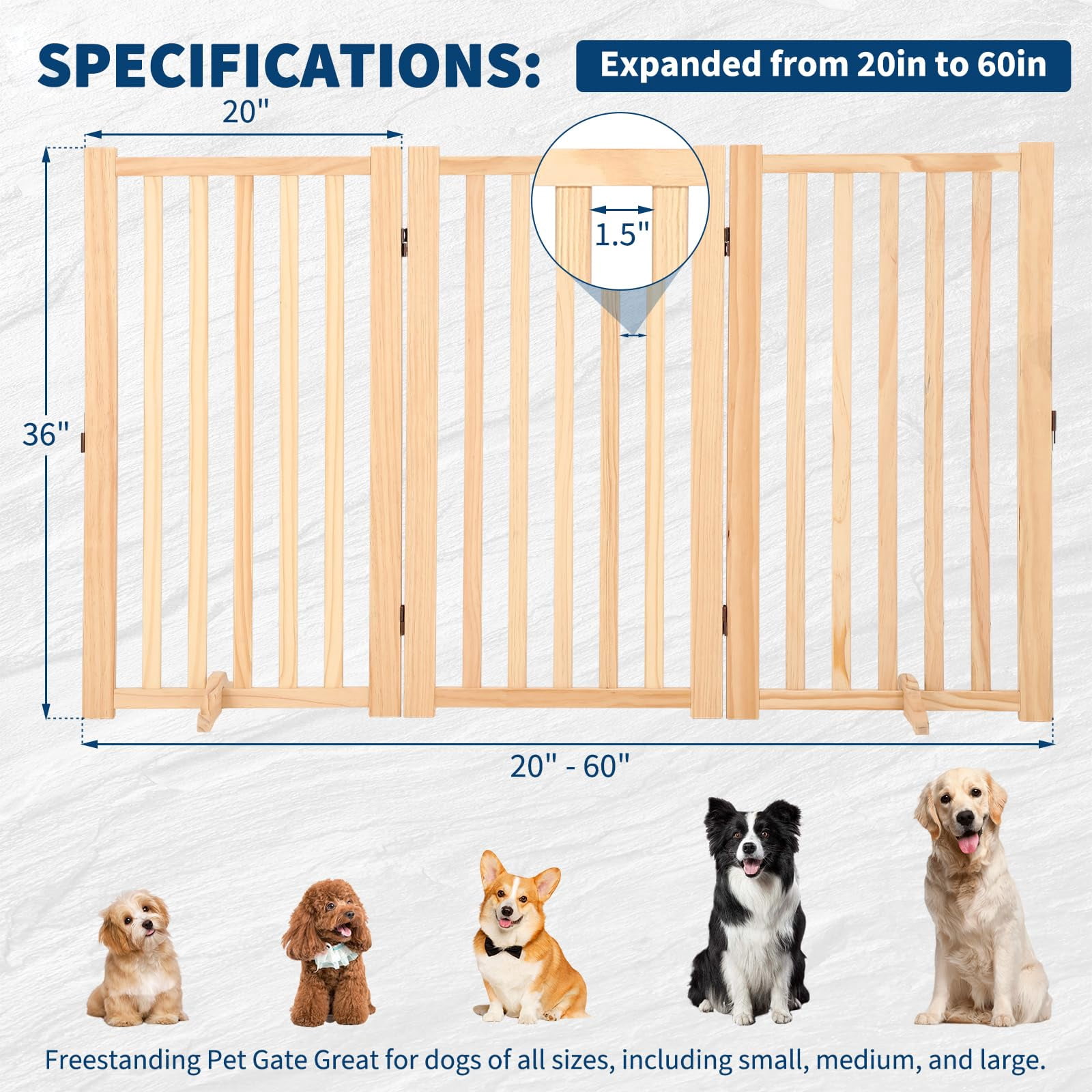 Soonbuy Freestanding Wooden Pet Gates for Dogs, Stairs, Dog Fences Indoor for The House,Doorways,Stairs, Step-Over Safety Pet Gate,Paint-Free, Solid Hardwood,24/36 H x 60/80 W