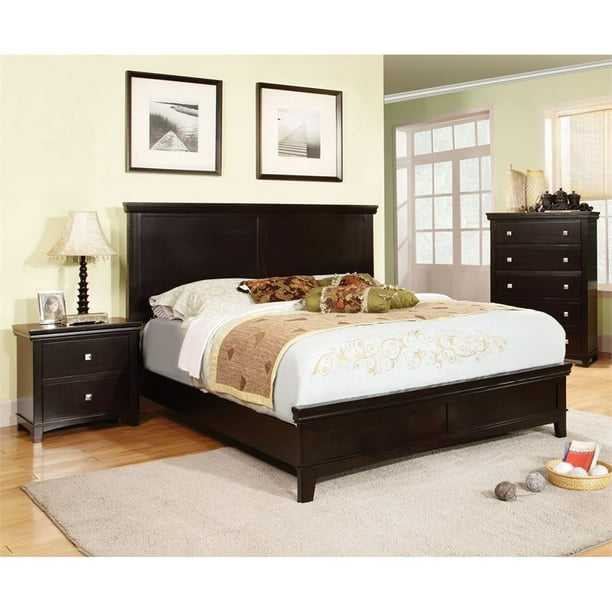 FOA Brighton 3pc Espresso Solid Wood Bedroom Set Queen + Nightstand
