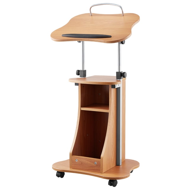 KFFKFF Podium Stand, 43-Inch Wooden Lectern, Portable Laptop Desk with Lockable Wheels, Wide Reading Surface and Open Storage Area, Adjustable Height and Angle