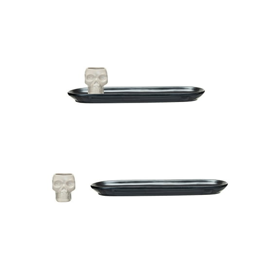 Creative Co-Op Stoneware Platter Dish with Speckled Skull Shaped Bowl, Black and White