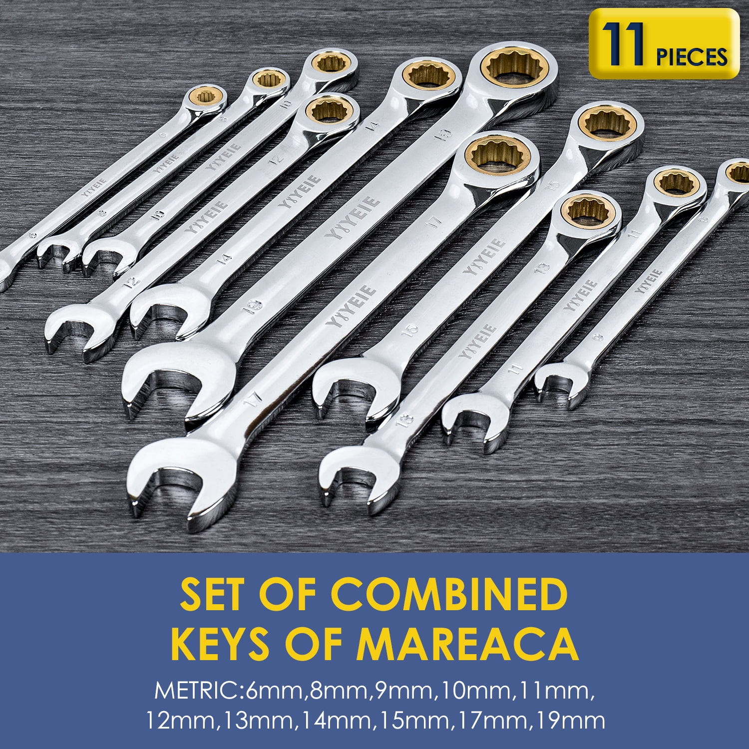 11Pcs Metric Ratcheting Wrench Set , Sizes 8-19mm, Combination Wrench Set in Cr-V Steel with Wrench Storage Pouch