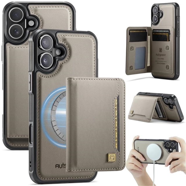 AutSpace Funda para Apple iPhone 16, Bloqueo RFID, Cuero PU, Compatible con MagSafe, Billetera Desmontable 2 en 1 con Tarjetero, Soporte, Cubierta Protectora Magnética, Gris, para iPhone 16