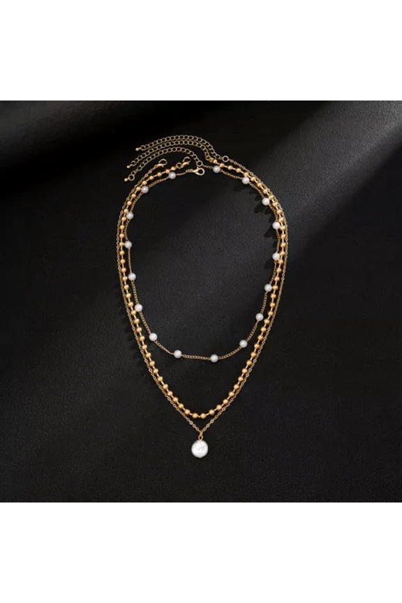 Layered Pearl Spliced Necklace Pendant Men's Collarbone Chain Hip-hop Jewelry-Gold