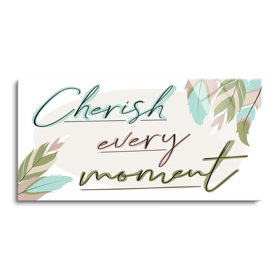 Cherish Every Moment Green Mauve Leaves 36 x 18 Glass Wall Hanging Sign