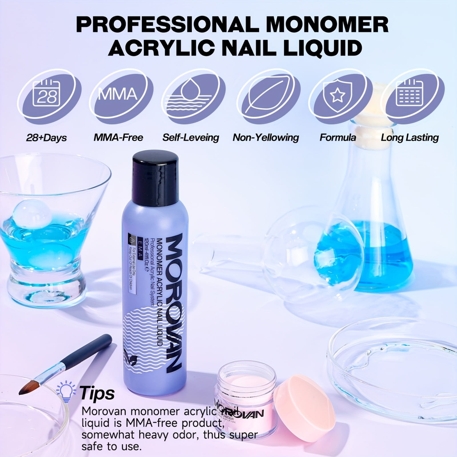 Morovan Acrylic Liquid Monomer 4 OZ:Acrylic Nail Liquid Monomer for Acrylic Powder with Acrylic Brush for Beginners DIY at Home Non-Yellowing