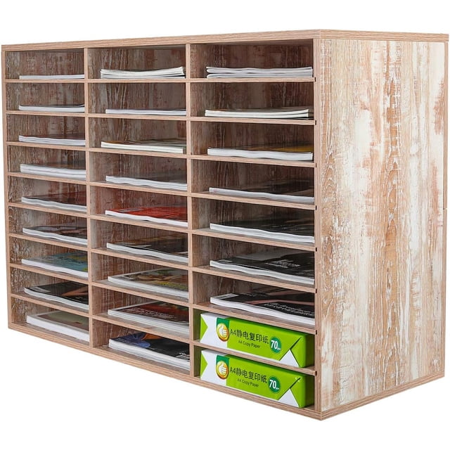 Wood Desktop Literature Organizer Adjustable File Sorter Mail Center Magazine Holder Paper Storage Cabinet Classroom Keepers Mailbox Layers and Columns) Antique