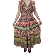 Mogul Womens Jungle Love Festive Long Dress Handmade Block Print Sleeveless Cotton Summer Dresses