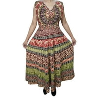 Mogul Womens Jungle Love Festive Long Dress Handmade Block Print Sleeveless Cotton Summer Dresses