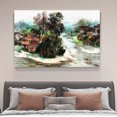 thumbnail image 1 of Un paisaje rural sereno con un río sinuoso, barcos en el agua, árboles, casas y un puente distante. Póster en lienzo. Decoración para dormitorio. Paisaje deportivo. Decoración para oficina. Regalo., 1 of 8