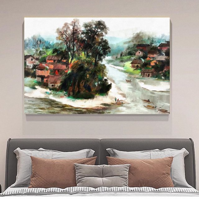 Un paisaje rural sereno con un río sinuoso, barcos en el agua, árboles, casas y un puente distante. Póster en lienzo. Decoración para dormitorio. Paisaje deportivo. Decoración para oficina. Regalo.