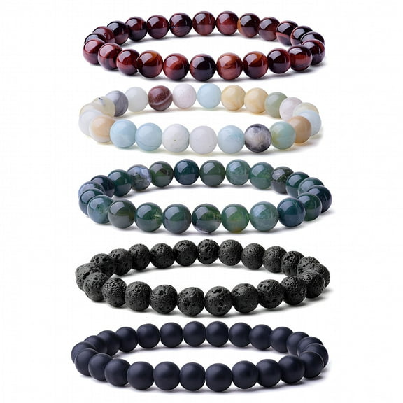 Designice 5 Pcs Beaded Bracelets for Women and Men,8MM Round Crystal Gemstone Beaded Bracelet,Stretch Bracelets for Women and Men