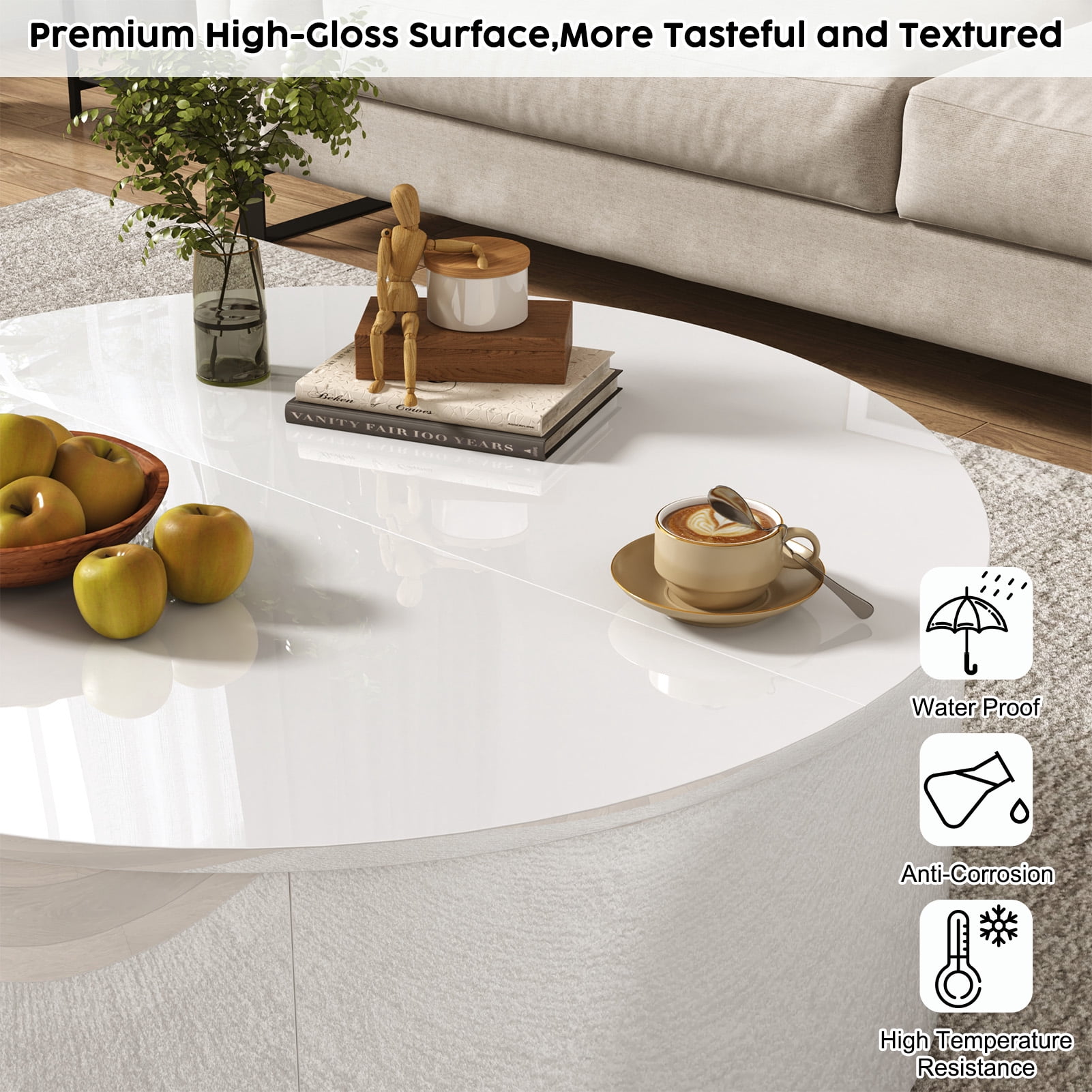 ANPOO Round Lift Top Coffee Table with Storage, Modern High Gloss Coffee Table with Hidden Storage Space, Circular Center Table for Livingroom, Small Space, Small Space, Apartment