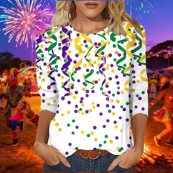 PFRNLF Mardi Gras Clothing Womens Casual Printed Round Neck 3/8 Sleeve T-shirt Fashionable Blouse Tops