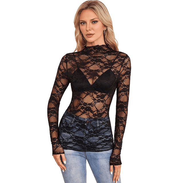 Blusa de Larga con Encaje Floral de para Mujer, Blusa Interior Transparente con , Cuello Redondo, Informal, Transparente. Negro XL