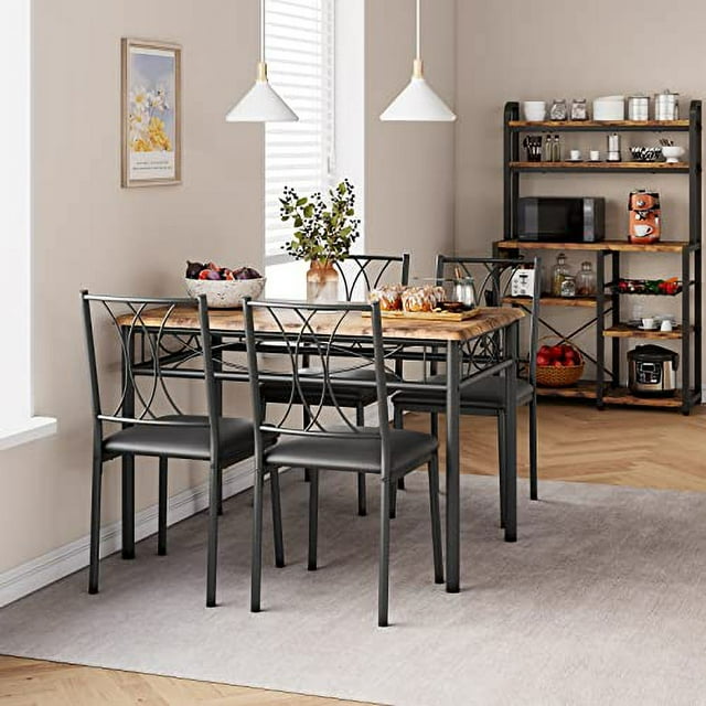 Dining Set for 4 Kitchen Table with 4 Upholstered Chairs, Rustic Brown