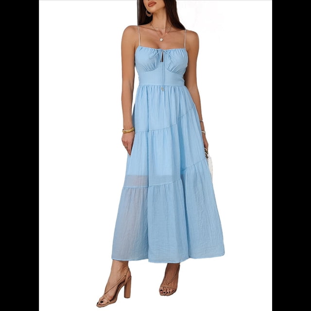 Vestido Informal de Verano para Mujer, Estilo Bohemio, con Tirantes Finos y Lazo, para Playa, 2025 Azul S