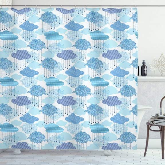 Cloud Shower Curtain, Stylized Nimbus Clouds Tangled Checkered Polka Dot Pattern, Fabric Bathroom Set with Hooks, 69W X 84L Inches Extra Long, Turquoise Azure Blue and Baby Blue, by Ambesonne
