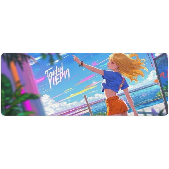 Cool Anime Girl with Retro Sunglasses Gaming Mouse Pad | Extra Thick Waterproof Desk Mat | Non-Slip Large Extended Surface (31.5x11.8 Inch) for Computer Keyboard & Home/Office Use