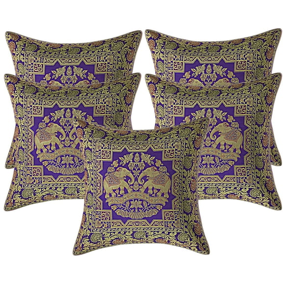 Stylo Culture Ethnic Living Room Brocade Purple And Gold Throw Pillow Covers 16x16 Jacquard Weave Banarsi Boho Pillow Covers Elephant Floral 40x40 cm Decorative Cushion Covers (Set Of 5)