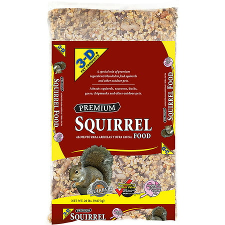 3-D Pet Products Premium Squirrel Food packed in a 20 lb. bag is a special blend of premium ingredients that will attract squirrels, ducks, geese, chipmunks and other desired wildlife.
