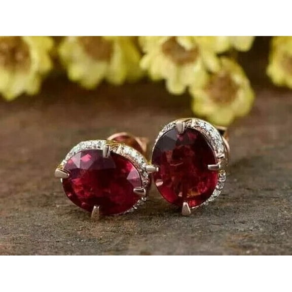 TAAPSEE JEWELS Women Oval Cut Lab Created Red Ruby Halo Stud Earrings 14K Yellow Gold Plated