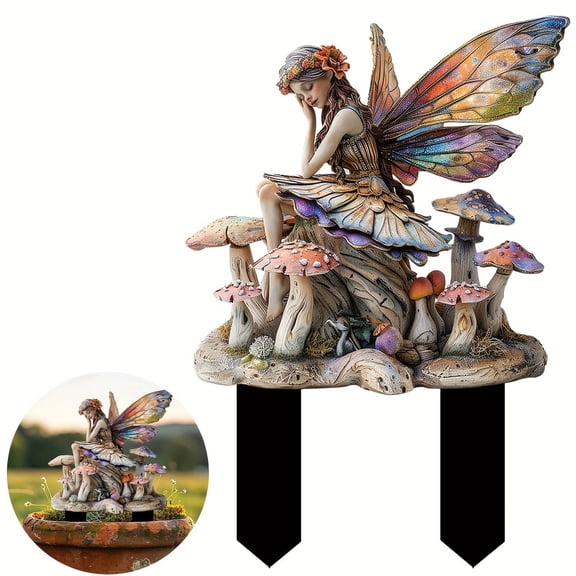 Cadorn Enchanted Bohemian Garden Fairy Statue Decoration - Acrylic Courtyard & Flower Pot Ornament with Mushrooms & Colorful Wings