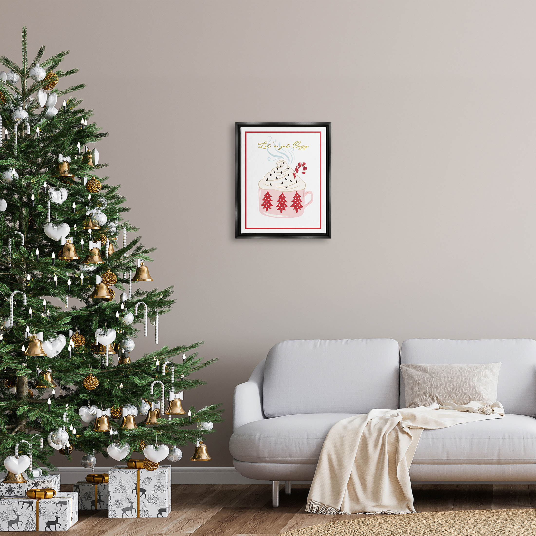 Stupell Industries Let's Get Cozy Pink Cocoa Graphic Art Jet Black Floating Framed Canvas Print Wall Art, Design by The Saturday Evening Post