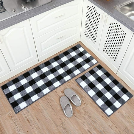 

2 Pieces Buffalo Plaid Check Rug Set Water Absorb Non-Slip Kitchen Rug Bathroom Mat Checkered Doormat Carpet for Laundry 17 x48 +17 x24 Black and White