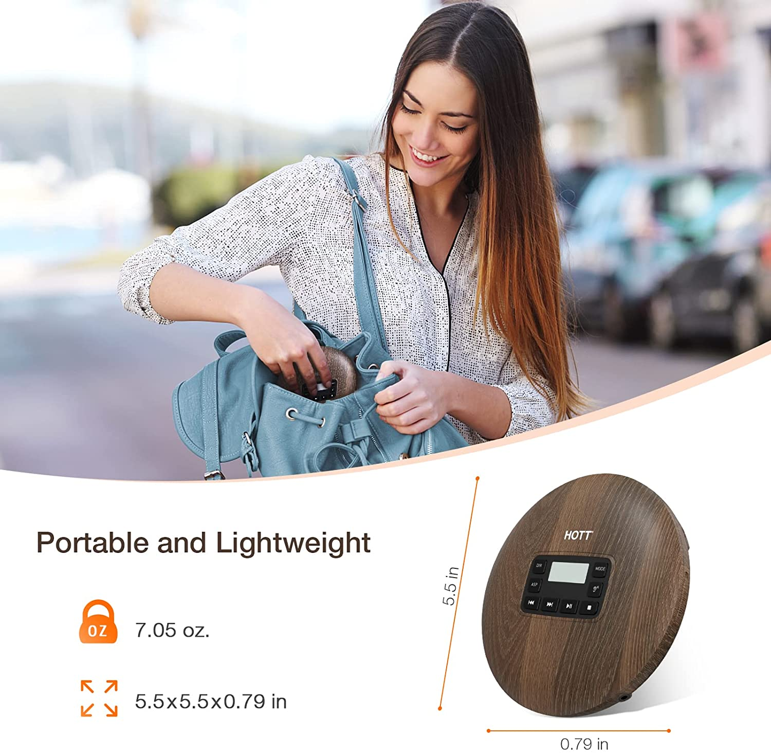 HOTT Portable CD Player CD611 Small Walkman CD Player with Stereo Headphones USB Cable LED Display Anti-Skip Anti-Shock Personal Compact Disc Music Player Wood - image 4 of 6