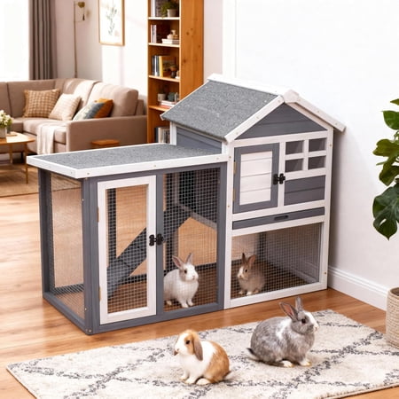 Large Rabbit Hutch Indoor Outdoor – Wooden Bunny Cage with Waterproof Roof, Grey, for Rabbits, Guinea Pigs & Chickens