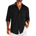 thumbnail image 2 of LZHGirlshop Men's Linen Shirts Casual Button Down Shirt Solid Color Long Sleeve Turn-down Collar with Pocket Tops,Black,2XL, 2 of 6