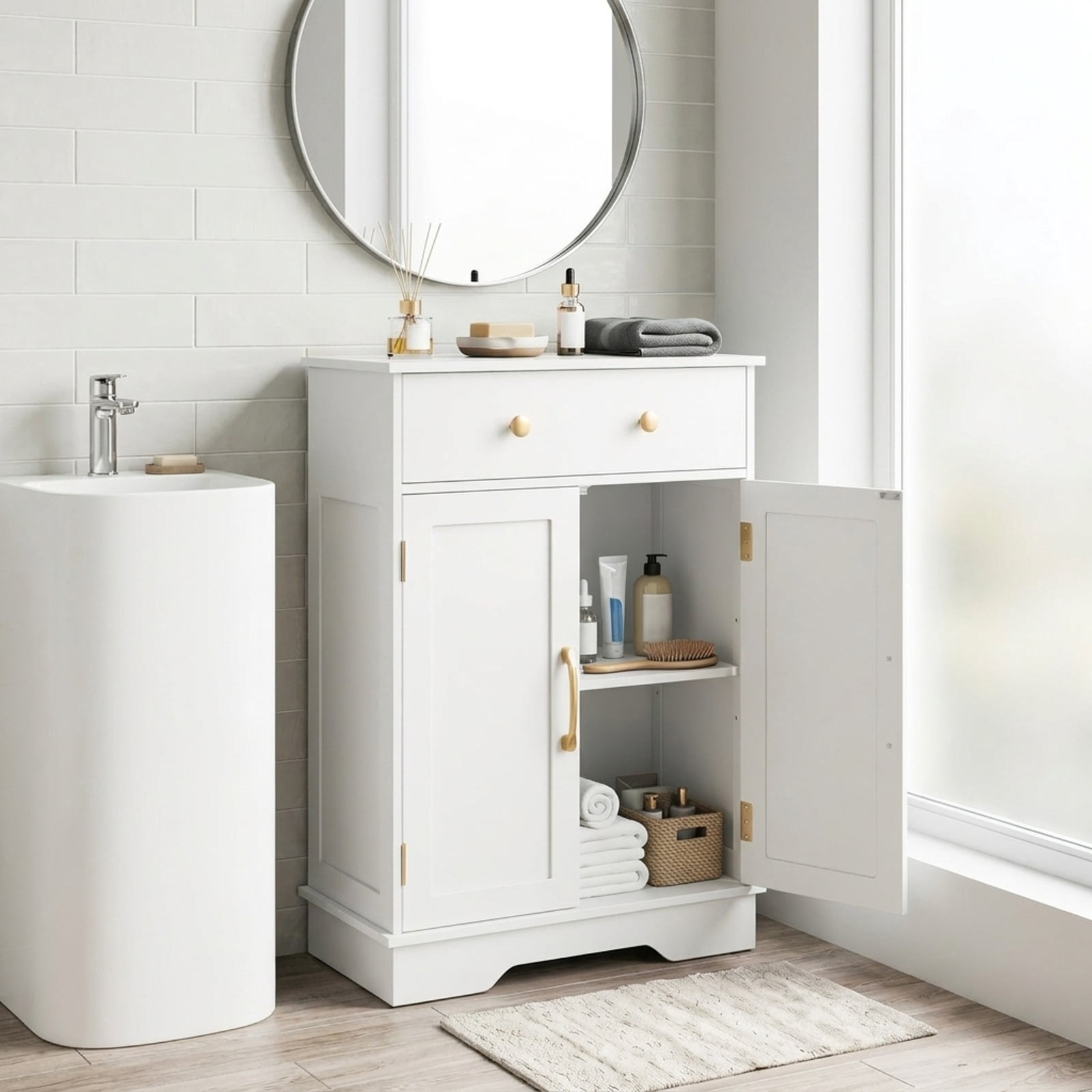 Vebreda Freestanding Floor Storage Cabinet with 2 Doors, Drawer & Adjustable Shelf, Modern Buffet Sideboard Organizer with Gold Knobs for Bathroom Living Room Dining Room, White