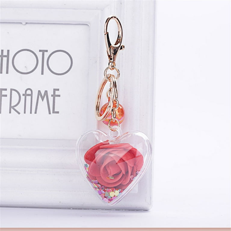 Cute Keychain Women Acrylic Love Shape Star Sequin Rose Ring