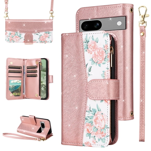 Furiet for Google Pixel 7A 5G 2023 Floral Wallet Case with Flip Zipper Purse Wrist Strap Shoulder Strap, Luxury Glitter PU Leather Card Holder Stand Cell Phone Cover for Pixel7A A7 Women Rose Gold