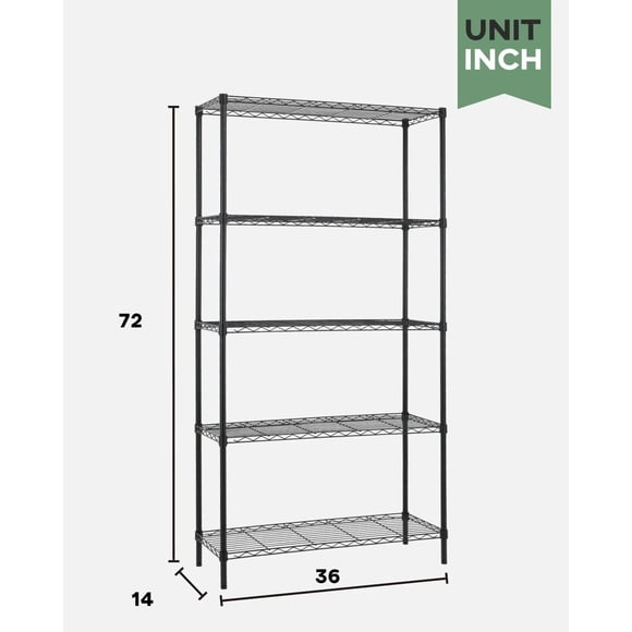 5-Tier Wire Shelving Unit (1250 lbs Capacity), Heavy Duty Metal Storage Rack with Adjustable Leveling Feet, Rust-Resistant Powder Coated Organizer for Garage, Kitchen, Pantry, Black