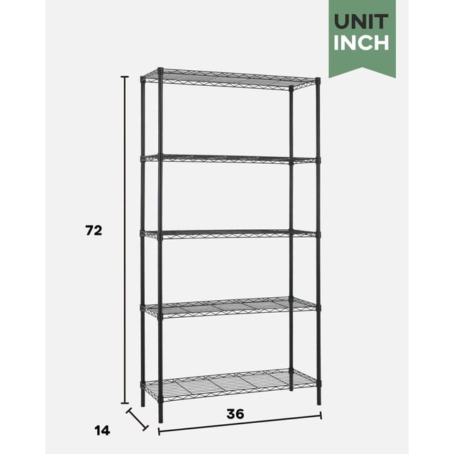 5-Tier Wire Shelving Unit (1250 lbs Capacity), Heavy Duty Metal Storage Rack with Adjustable Leveling Feet, Rust-Resistant Powder Coated Organizer for Garage, Kitchen, Pantry, Black
